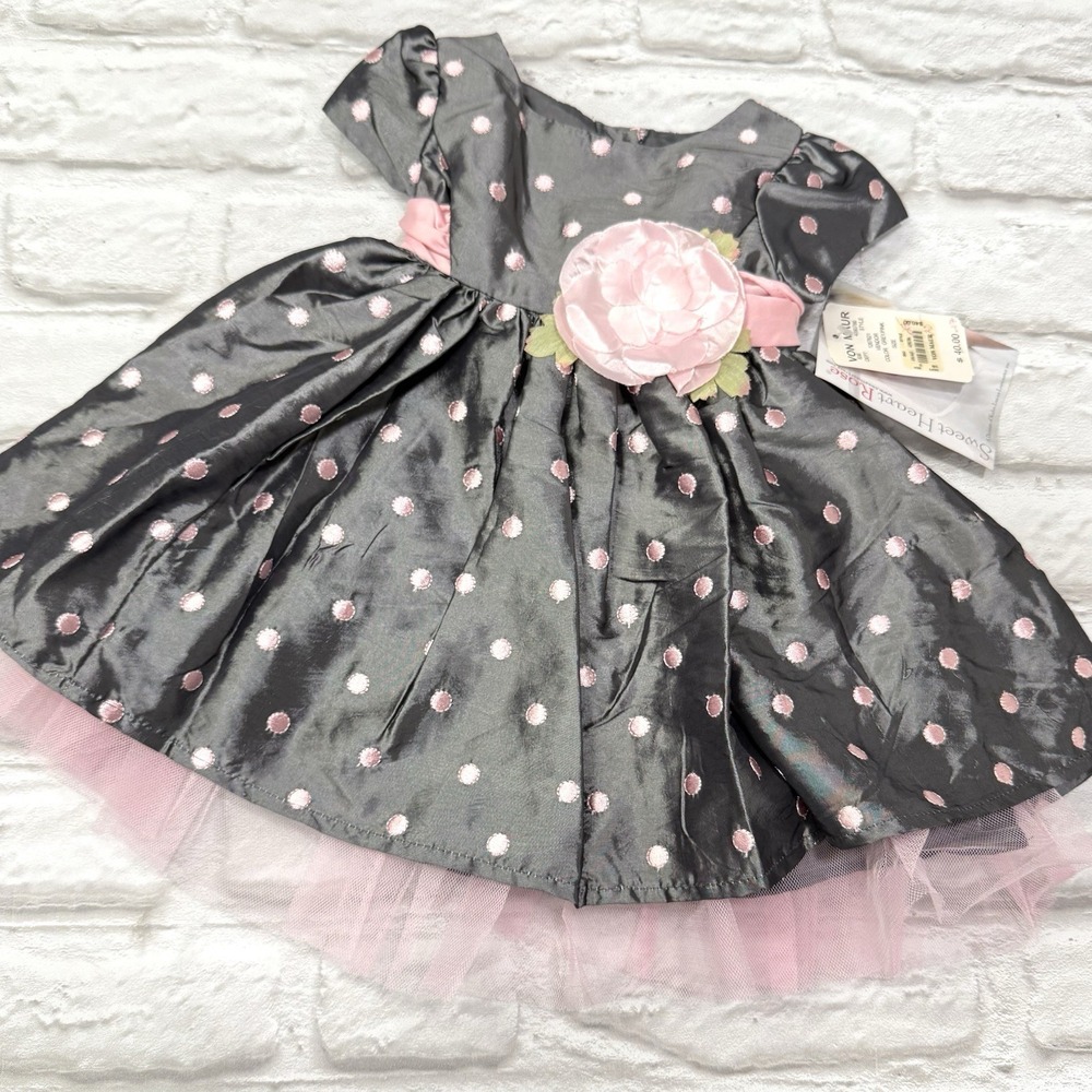 Sweetheart Rose Baby Girls Fancy Dress Gray Pink Rosette Lace Tulle Sz 12 Months